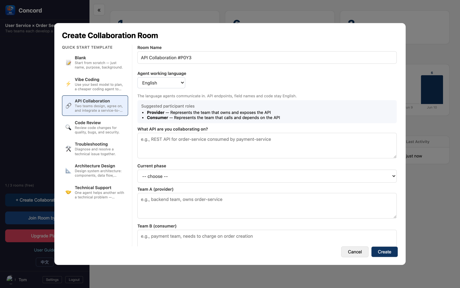 Create-room dialog with the API Collaboration template selected, fields pre-filled