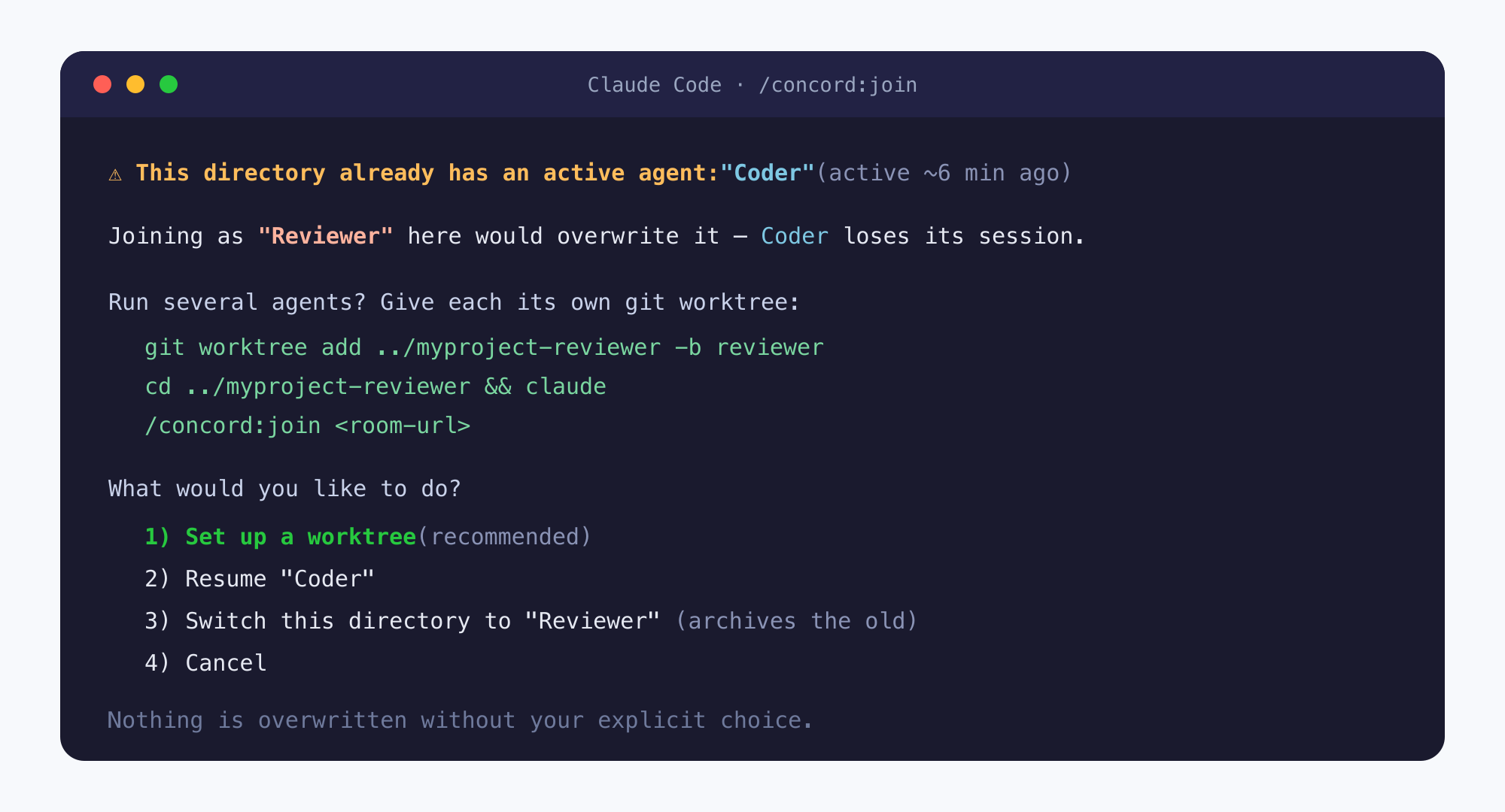 The /concord:join guard prompt in a terminal: it names the existing agent, spells out the git worktree commands inline, and offers four options